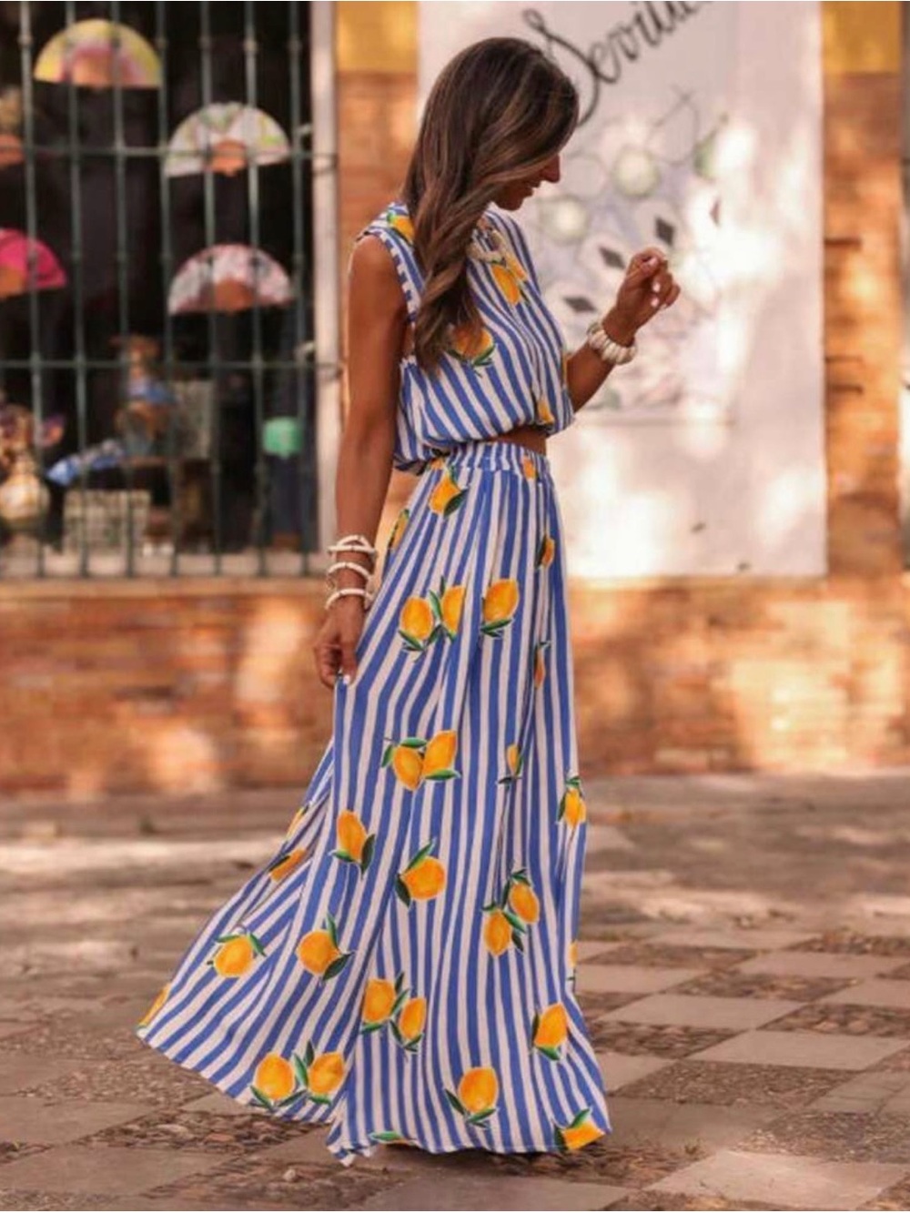 Blue Stripe & Yellow Lemon Maxi Dress - Sleeveless Summer Two Piece Set - Picture 2 of 4